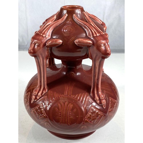 567 - Dr Christopher Dresser unusual continental double gourd shaped vase with goat mask mounts, signed to... 