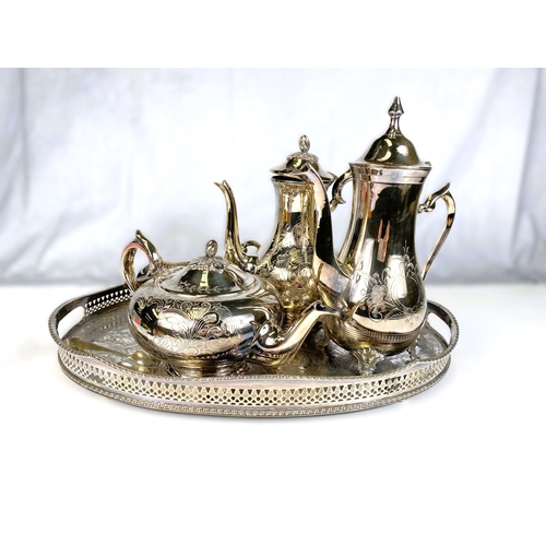 721 - An oval silver plated gallery tray and silver plated tea/coffee pots