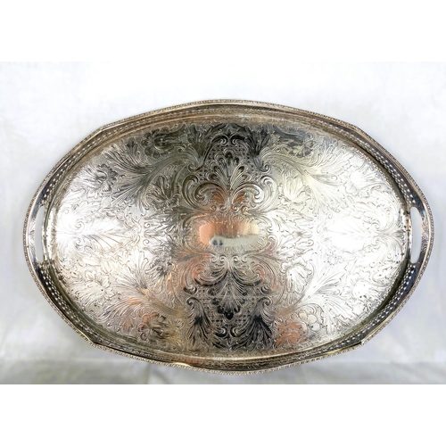 721 - An oval silver plated gallery tray and silver plated tea/coffee pots