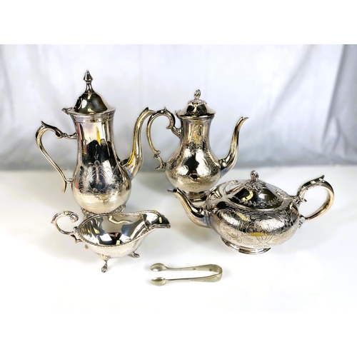 721 - An oval silver plated gallery tray and silver plated tea/coffee pots