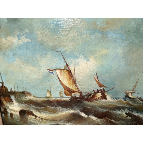 786 - An oil on canvas painting of fishing ships on rough seas near harbour, in gilt frame and another of ... 