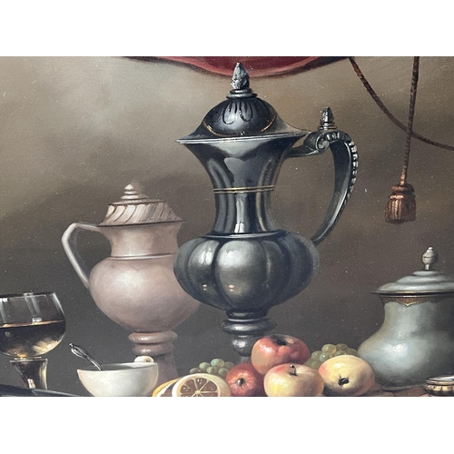 788 - J. Liliana: still life of fruit and metalware on table top, oil on canvas, in gilt frame 60x80cm