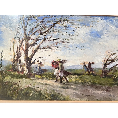 799 - E. Bradley, 2 landscapes, figures crossing a bridge and a windy day, 2 oils, signed, framed and glaz... 