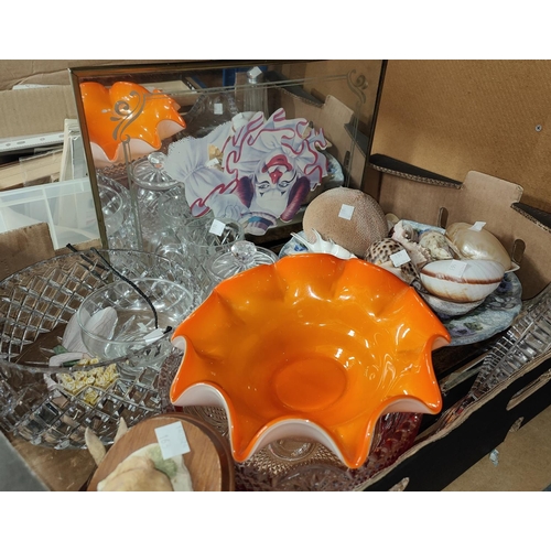 163 - A selection of pottery and glassware, a collection of shells, mirrors, prints etc