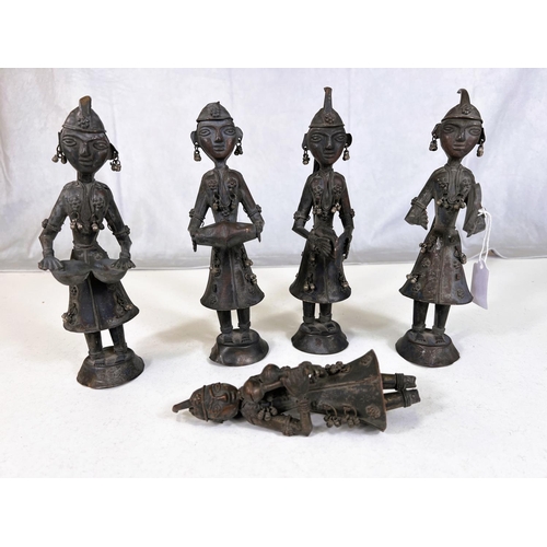 404 - A set of 5 African copper figures playing musical instruments, ht. 22cm (one leg a/f)