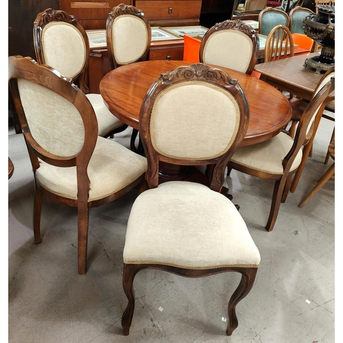 931 - A set of 6 mid 20th century Louis XV style stained walnut dining chairs re-upholstered in cream dral... 