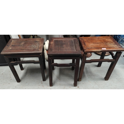 999 - Three 18th century Chinese hardwood carved stools with shaped legs and supports, one possibly Zitan ... 