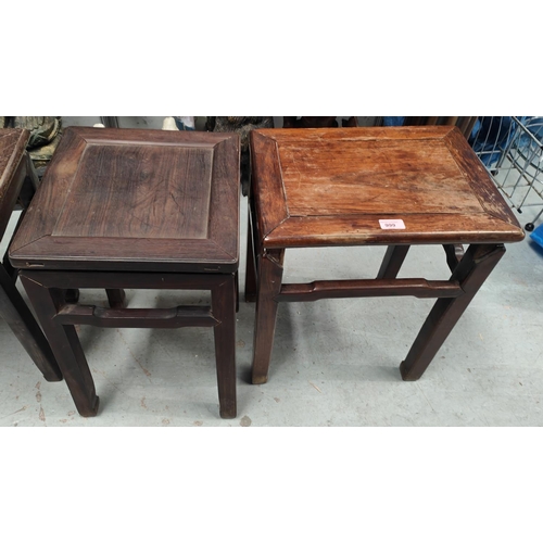 999 - Three 18th century Chinese hardwood carved stools with shaped legs and supports, one possibly Zitan ... 