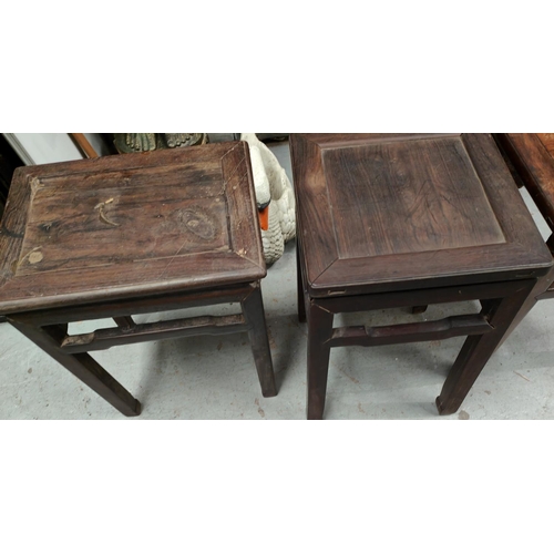 999 - Three 18th century Chinese hardwood carved stools with shaped legs and supports, one possibly Zitan ... 