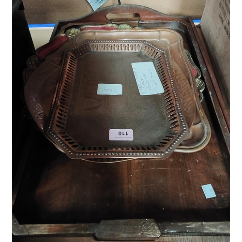 110 - Three copper trays, 3 wooden trays and bric a brac