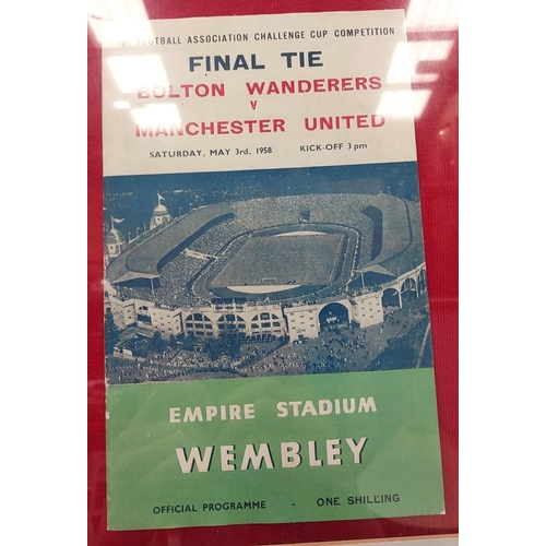 208 - A framed football shirt with embroidered Wembley 1958 badge, with a Bolton Wanderers and Manchester ... 