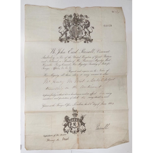 40 - British Passports 19th Century, signed (Revd) Henry Matthew West, dated 1863 and 1869; two letters f... 