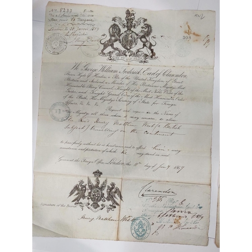 40 - British Passports 19th Century, signed (Revd) Henry Matthew West, dated 1863 and 1869; two letters f... 