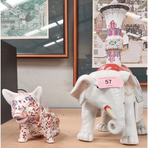 57 - A pair of oriental China elephants; Imari style cats etc.