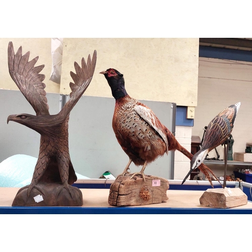 63 - A stuffed cock pheasant on a log and other birds.