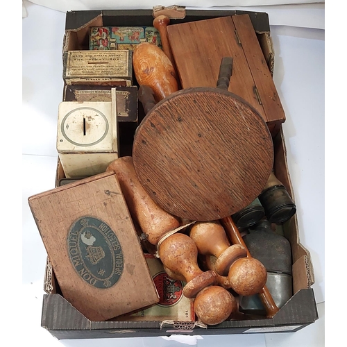 73 - A small wooden chess set in cigar box, wooden stool, vintage collection boxes etc