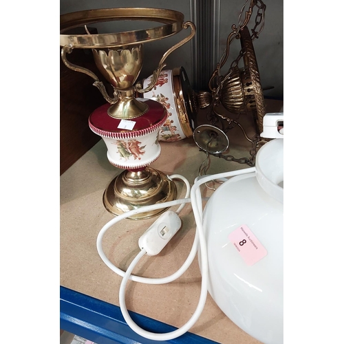 8 - A converted oil lamp with ceramic reservoir and a similar hanging lamp