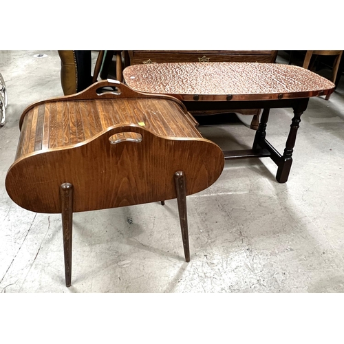 951 - A tambour top work table; a copper top coffee table, a 19th Century dining chair.