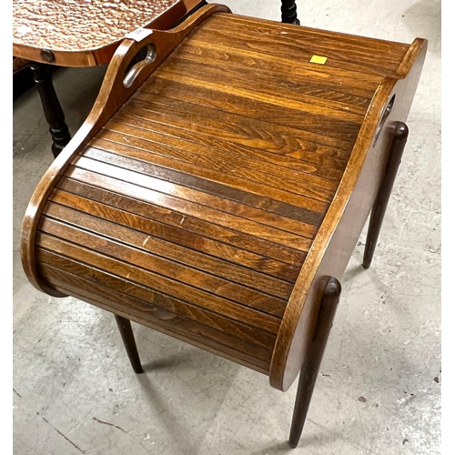 951 - A tambour top work table; a copper top coffee table, a 19th Century dining chair.