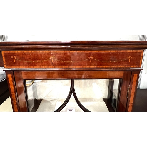 957 - A Sheraton style Edwardian period mahogany display cabinet of elegant narrow proportions, inlaid tro... 