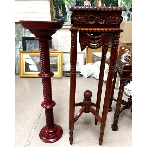 960 - An eastern style carved and gadrooned square top tall plant stand on hexagonal legs, height 106cm; a... 