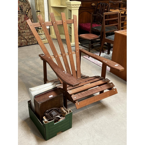 961 - An unusual teak framed and slatted desk chair, wooden boxes, vintage camera etc