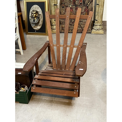 961 - An unusual teak framed and slatted desk chair, wooden boxes, vintage camera etc