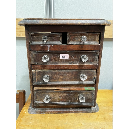 965 - A Victorian apprentice chest of 3 long and 2 short drawers (a.f); an oak occasional table and stool.