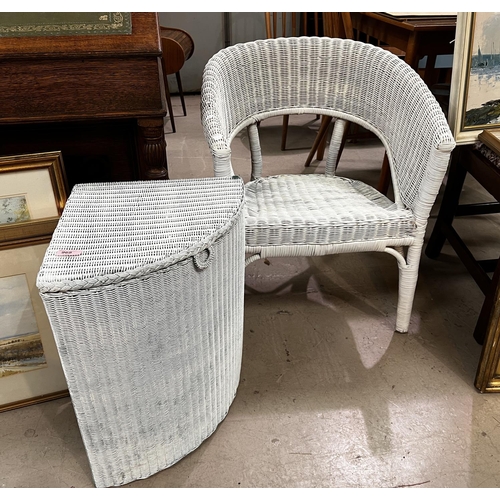 968 - A white Lloyd Loom armchair and a corner linen basket