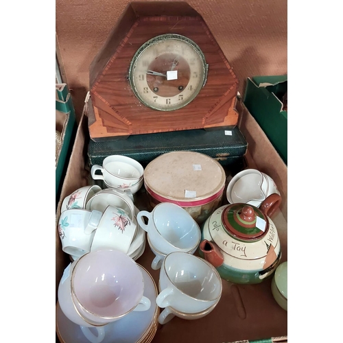 98 - An Art Deco inlaid walnut striking mantel clock; 2 part coffee services; boxed cutlery etc