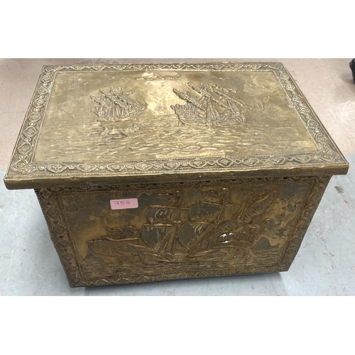 75A - An embossed brass log box; a brass bull dog; a brass horse & jockey, heavy door knocker, present... 