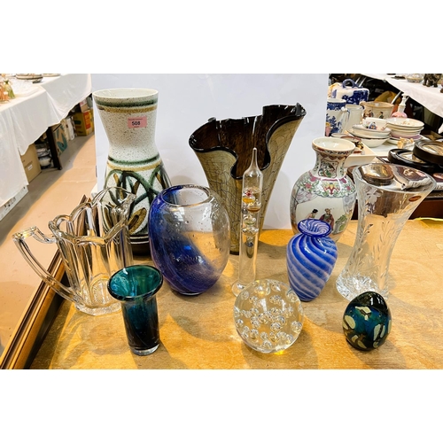 586 - A selection of glass and china including a 'dumpy' paperweight, vases etc