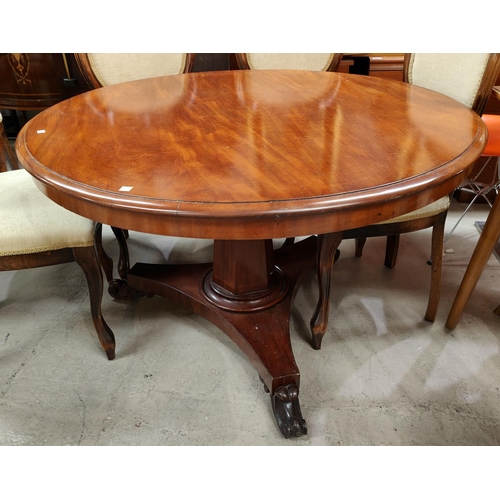 942 - A 19th century mahogany circular tilt top supper table on octagonal column and three footed base, di... 