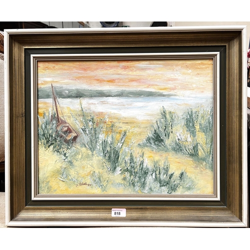 829 - J. C. Pollard; sunset on dunes, oil on canvas backed on board, signed, dated 1985, framed 36 x 47cm.