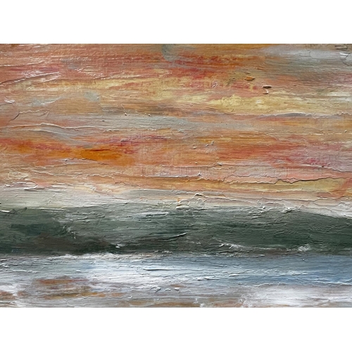 829 - J. C. Pollard; sunset on dunes, oil on canvas backed on board, signed, dated 1985, framed 36 x 47cm.