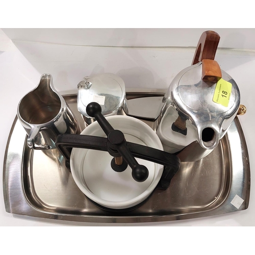 18 - A Piquot 3 piece coffee service; a stainless steel tray and a Tung Press.