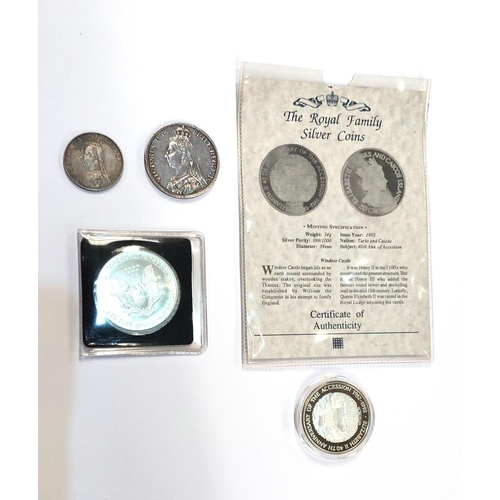 214 - An 1889 crown and an 1887 florin, a 1995 American 1oz silver eagle and another silver coin