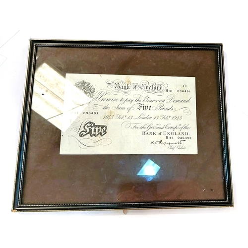 223 - A 1945 white five pound note, signed Peppiatt, framed