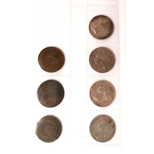 224 - 4 QV Indian silver rupees; 1840 (3) and 1884; 3 Indian copper coins