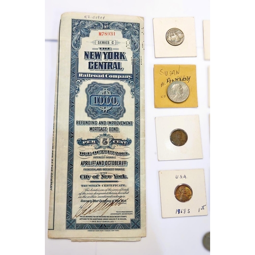 238 - USA: A New York Central Railway Company share certificate; various coins