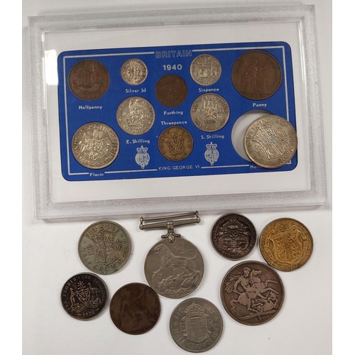 256 - A 1940 GB coin set; an 1890 Crown, 2 Australian silver florins etc.