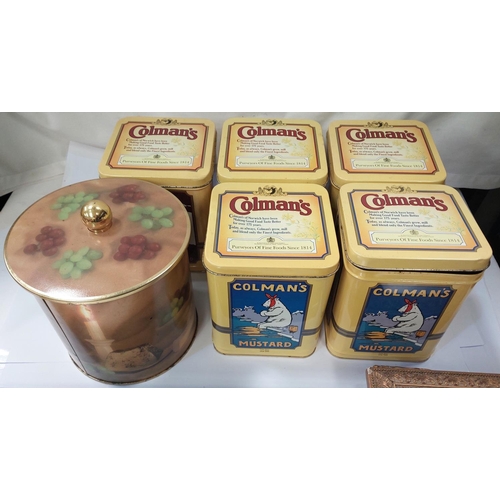 43 - A collection of reproduction advertising tins, Colemans etc, prints, 2 camel stools