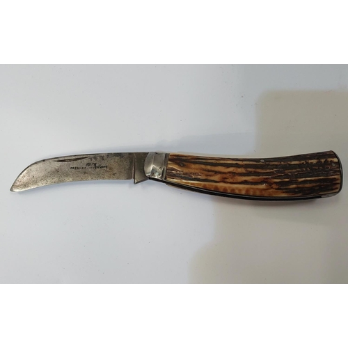 51 - A 19th century pruning knife with staghorn sides, F. NEWTON, Sheffield, 18.4cm (open)