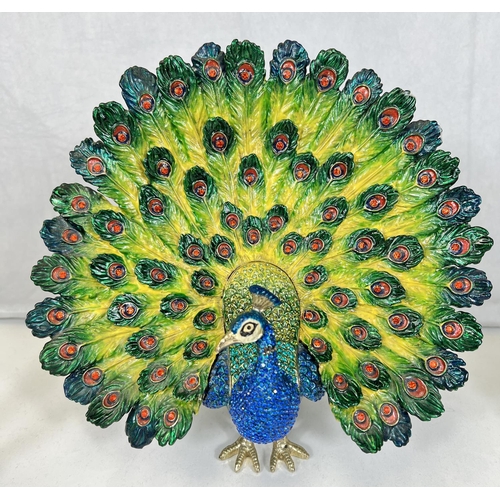 576 - Treasured Trinkets by Juliana: a large bejewelled peacock box, width 23cm; others smaller including ... 