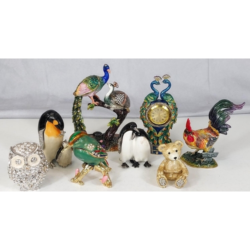 579 - Treasured Trinkets by Juliana: a bejewelled peacock and peahen, a clock surrounded by peacocks, a co... 