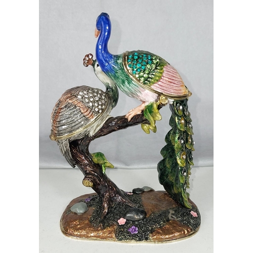 579 - Treasured Trinkets by Juliana: a bejewelled peacock and peahen, a clock surrounded by peacocks, a co... 