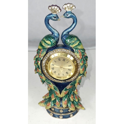 579 - Treasured Trinkets by Juliana: a bejewelled peacock and peahen, a clock surrounded by peacocks, a co... 