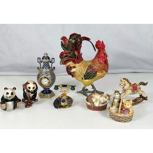 584 - Treasured Trinkets by Juliana: a large cockerill, 2 small Pandas, 2 kittens in baskets and a rocking... 