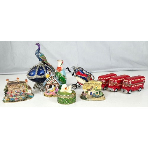 585 - Treasured Trinkets by Juliana: 12 boxes including peacock, clock, vase, 3 buses etc