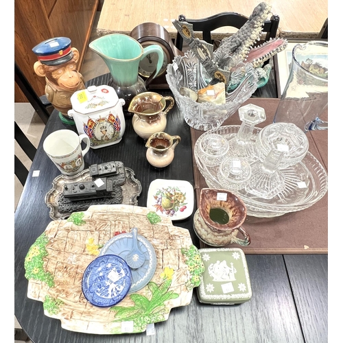 592 - A glass dressing table set; a GVI glass dish and decorative china and glass